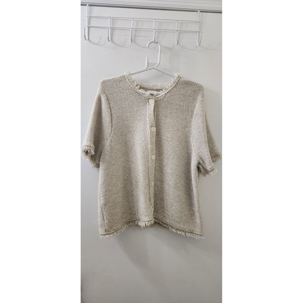 J.Crew Womens XL Beige Fringe Trim Short Sleeve Button Front Cardigan Sweater